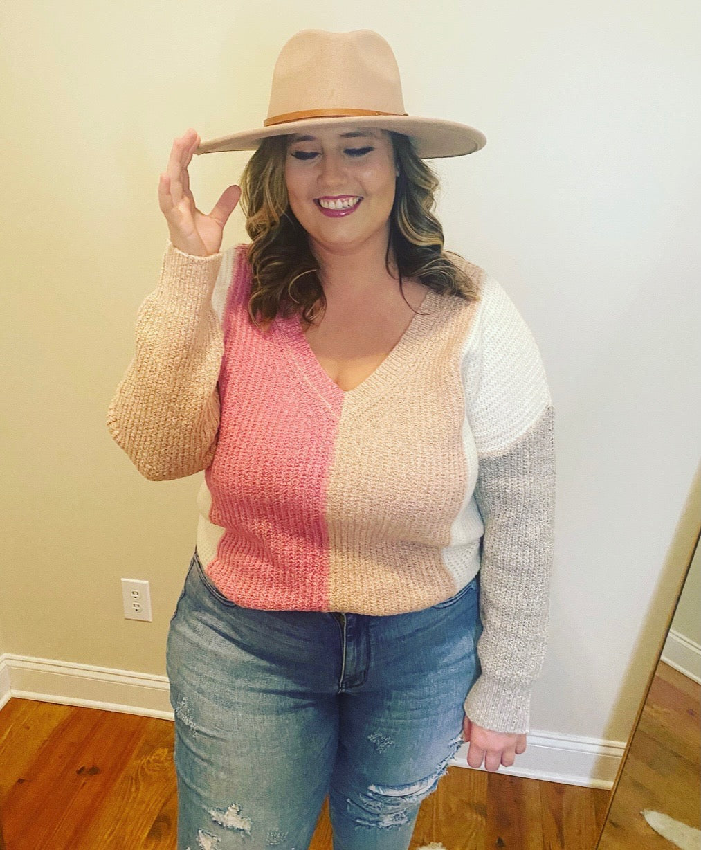 Pink color block sweater