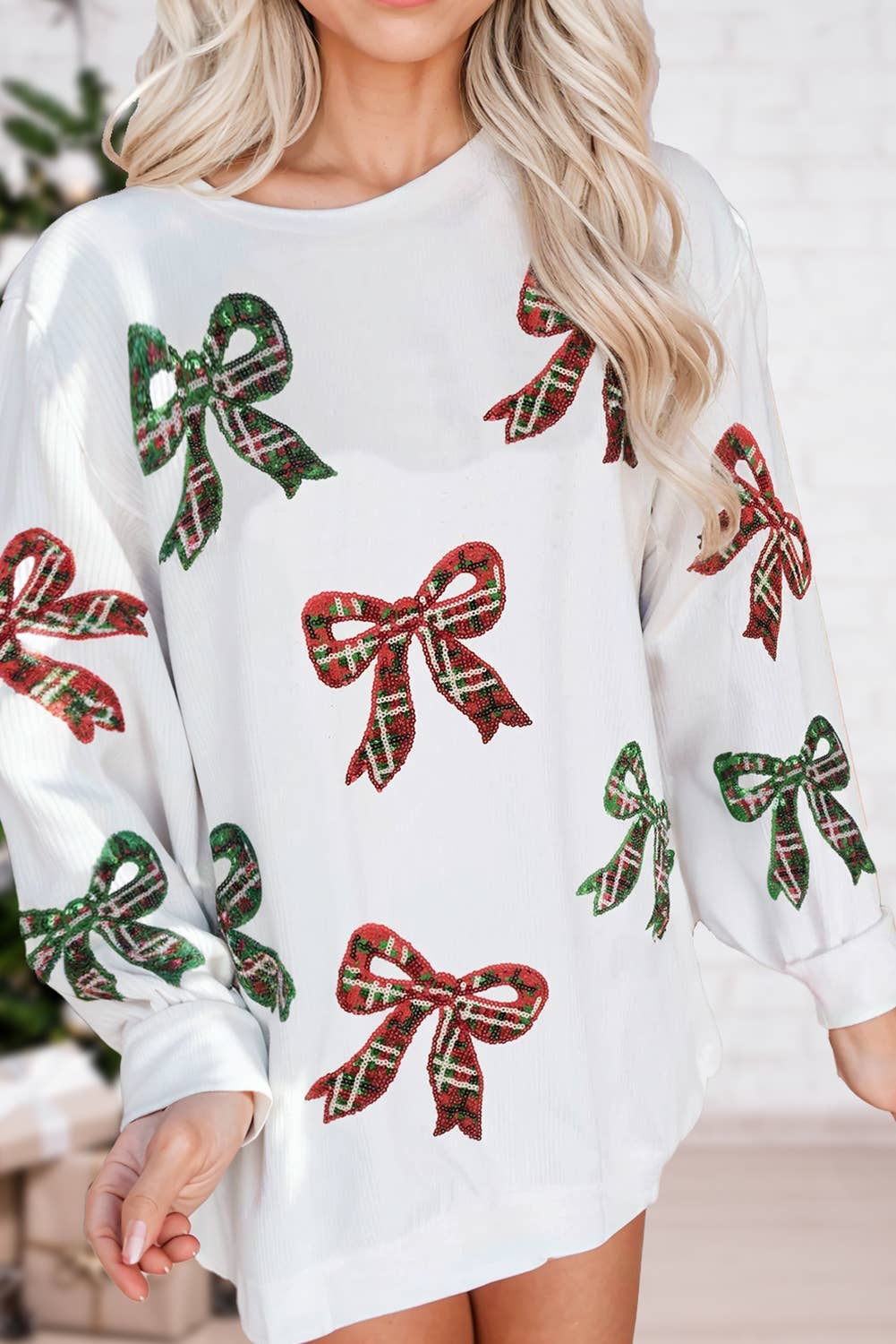Christmas Plaid Bowknot Sequin Cord Sweatshirt