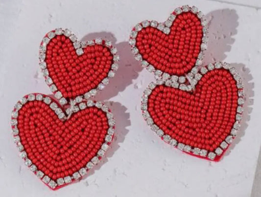 Double The Love- Red Heart Beaded Earrings