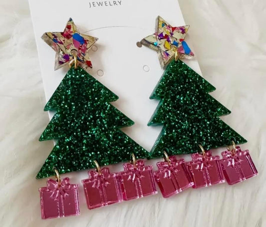 Green and Pink Christmas Morning Dangle Earrings